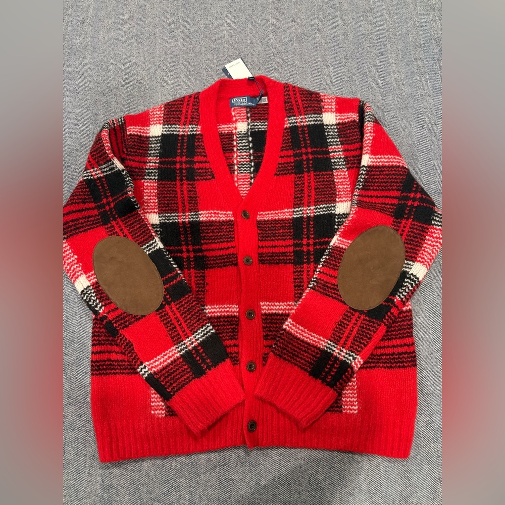 Ralph Lauren Suede-Patch Plaid Wool-Blend Cardigan | color: red combo | size: XL - Picture 3 of 8